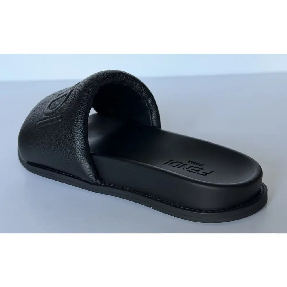 Fendi Men's Roma Leather Slide Sandals Black 9 US/8 UK IT 7X1649 NIB $750